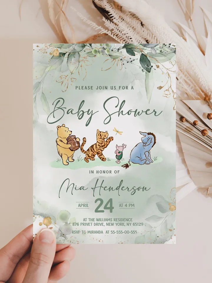 Classic Winnie Pooh Baby Shower Invitation; Pooh Baby Shower Editable Template; Greenery Floral Baby Shower; Baby Shower trend of 2023