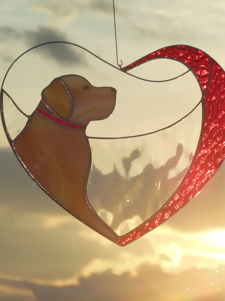 Dog Golden Retriever Labrador in Red Heart . Art Stained glass window hanging Suncatcher , Gift for animal lover , pet loss memorial