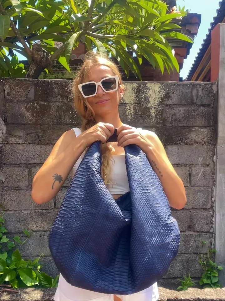 Big Soft Hobo Classy Sport Woman Bag | Purse Genuine Python Skin | Python Skin Products | Blue Big Elegant Leather Designer Soft Bag Snake