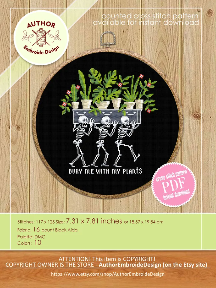 Skeleton plants cross stitch pattern PDF download Gothic skeleton cross stitch chart, Gothic home decor, Bury me with my plants #P38