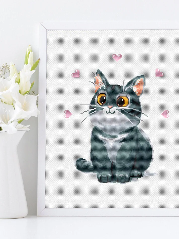 Cute gray cat cross stitch pattern download PDF Animal cross stitch chart, Cat hand embroidery PDF, Easy cross stitch Gift for cat lover #K3