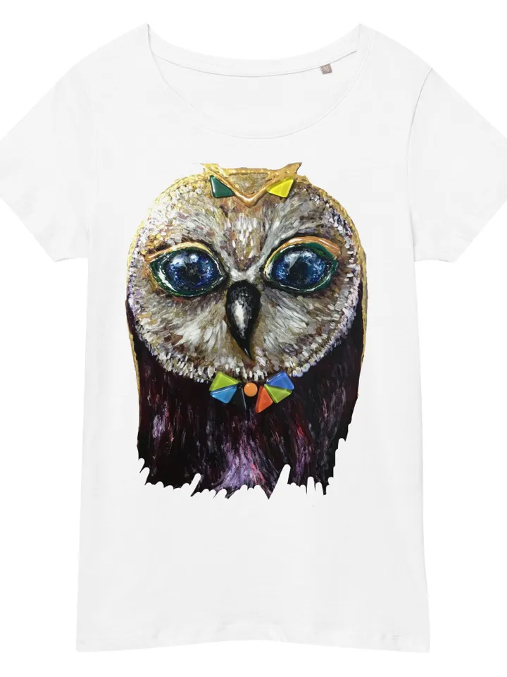 Red owl in glasses Women’s organic t-shirt made with my original stained glass painting,unique design handmade t shirt,special gift for her