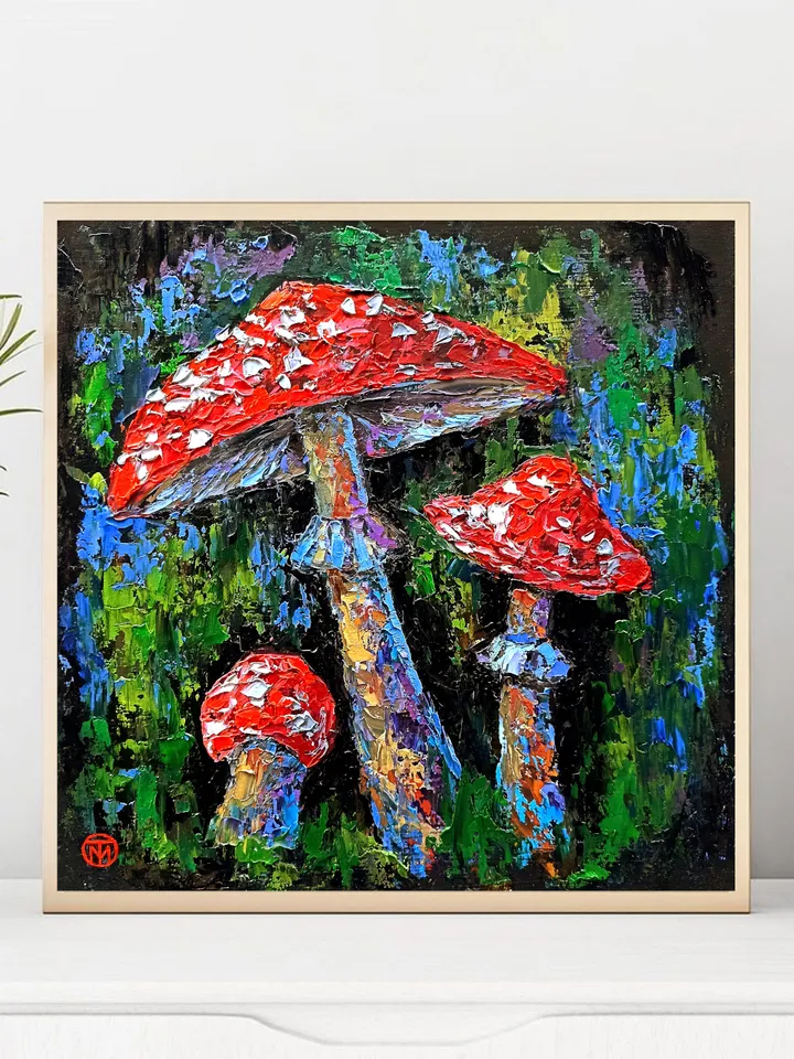 Fly Agaric Painting Alice in Wonderland Original Art Amanita Mushroom Painting Impasto Woodland 12" x 12" By Colibri Art