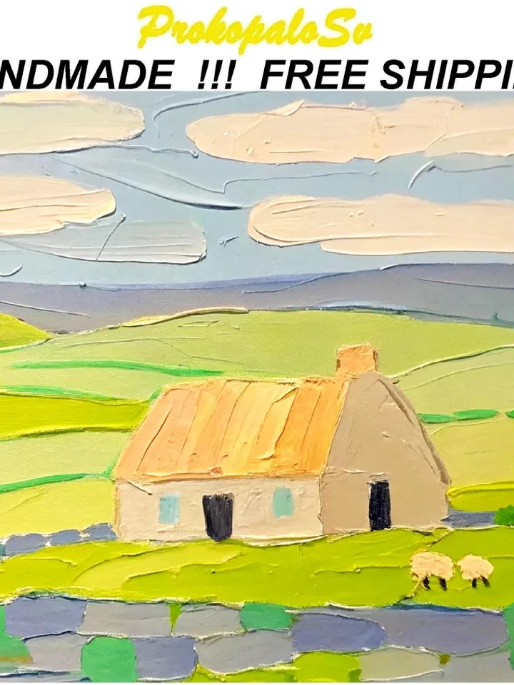 Ireland Painting Irish Cottage Original Art Sheeps Painting Landscape Impasto Oil Painting Farm Impressionist Art Gift by ArtProkopaloSv