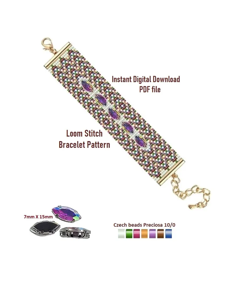 TUTORIAL Cuff Bracelet Loom Stitch, Bead Patterns Bracelet, Seed beads Preciosa and Rhinestones, Instant Download