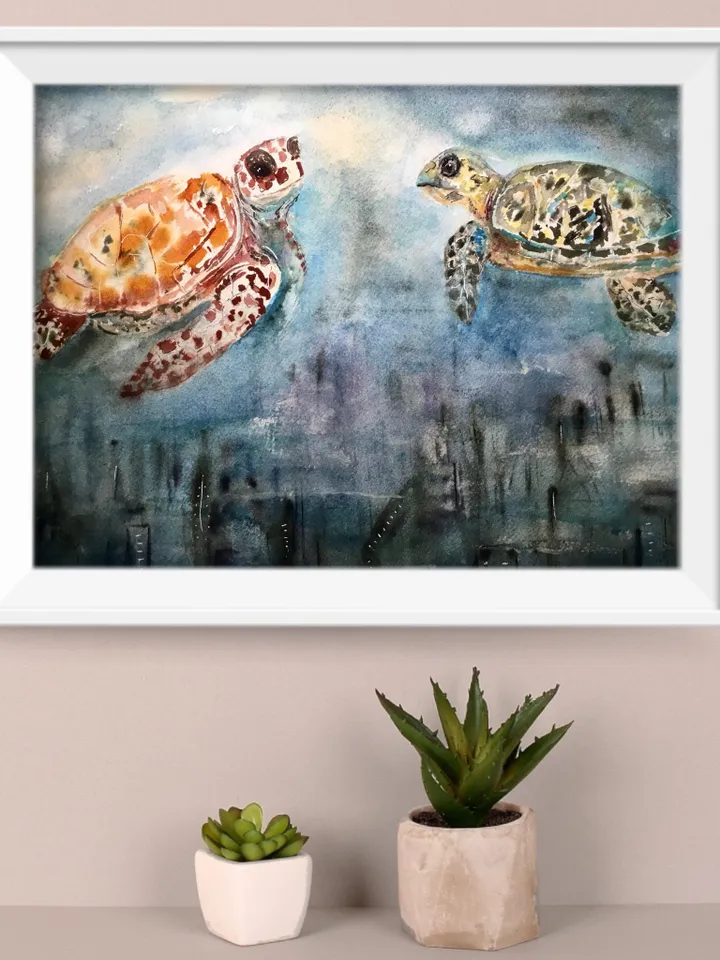 Turtles flying over a fantasy town,original watercolor painting,turtles painting,animals watercolor painting,fantasy wall art.