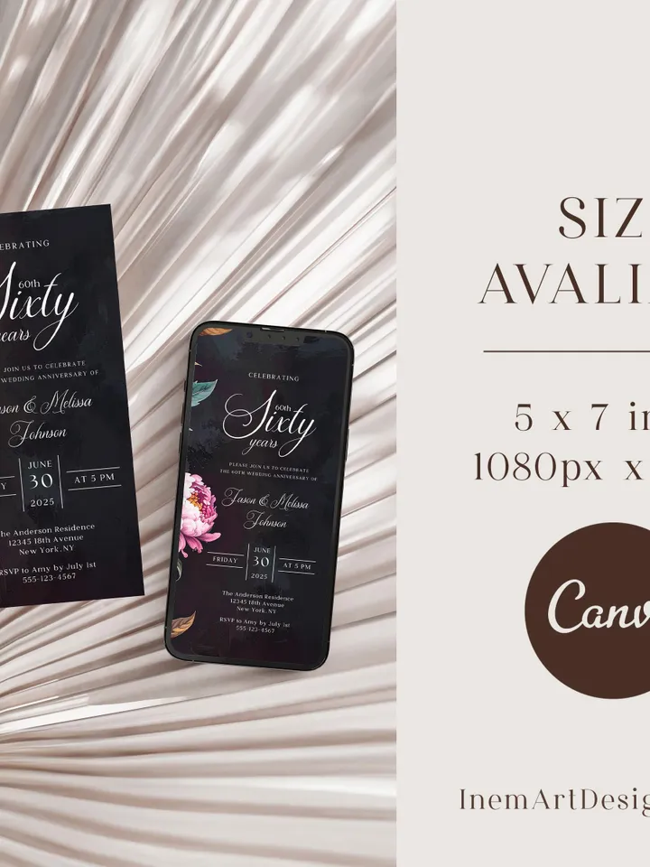 60th Anniversary Party Invitation, 50th, 40th, 30th, 20th, Moody Burgundy & Blush Peony Floral Canva Template 5x7 birthday evite