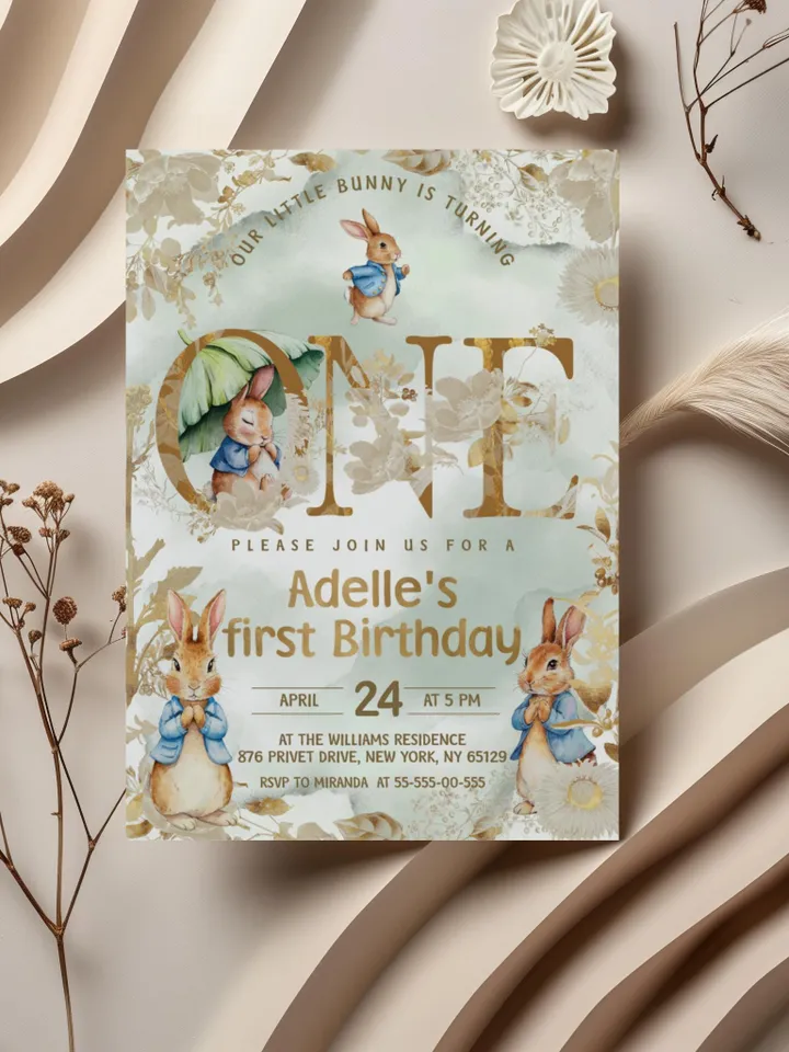 Editable Peter Rabbit invitation template for 1st Baby Birthday party in Peter Rabbit style instant download and unlimited access pr888