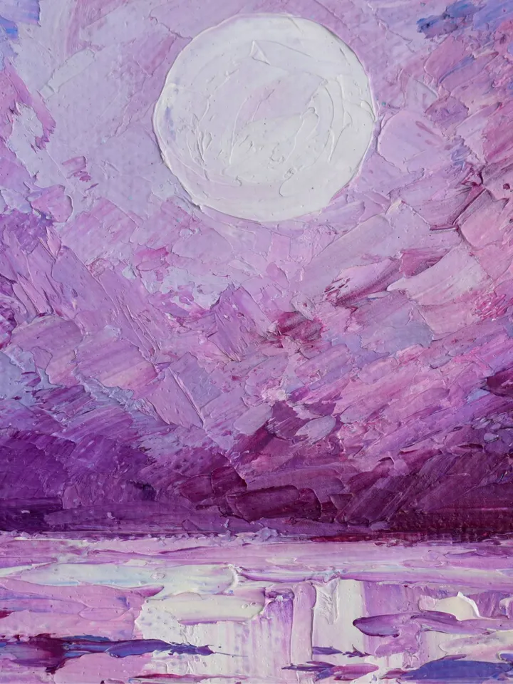 Seascape original painting Ocean wall art Full moon night oil painting Moonlit Night artwork Purple home decor