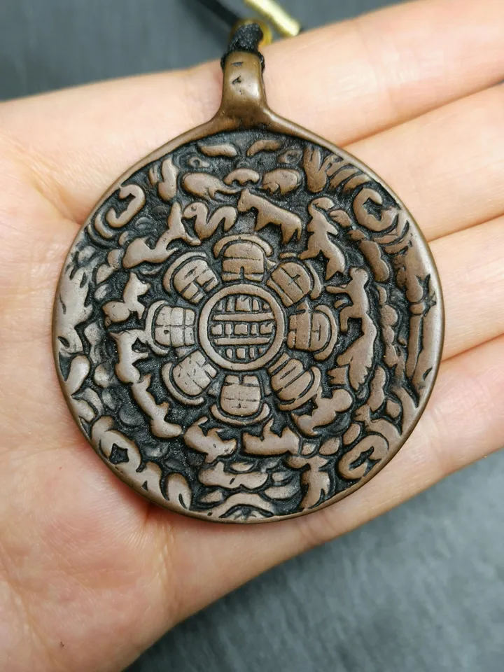 Gandhanra Vintage Tibetan Buddhist Calendar Amulet Sipaho Badge - Copper Melong Mirror Protective Charm Feng Shui Pendant,45mm