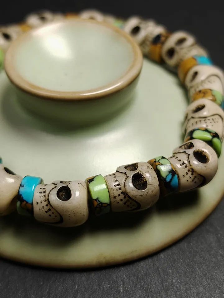 Authentic Tibetan Citipati Skulls Bead Bracelet | Unique Yak bone Carved Wrist Mala with Mixed Turquoise,Gandhanra Tibetan Jewelry