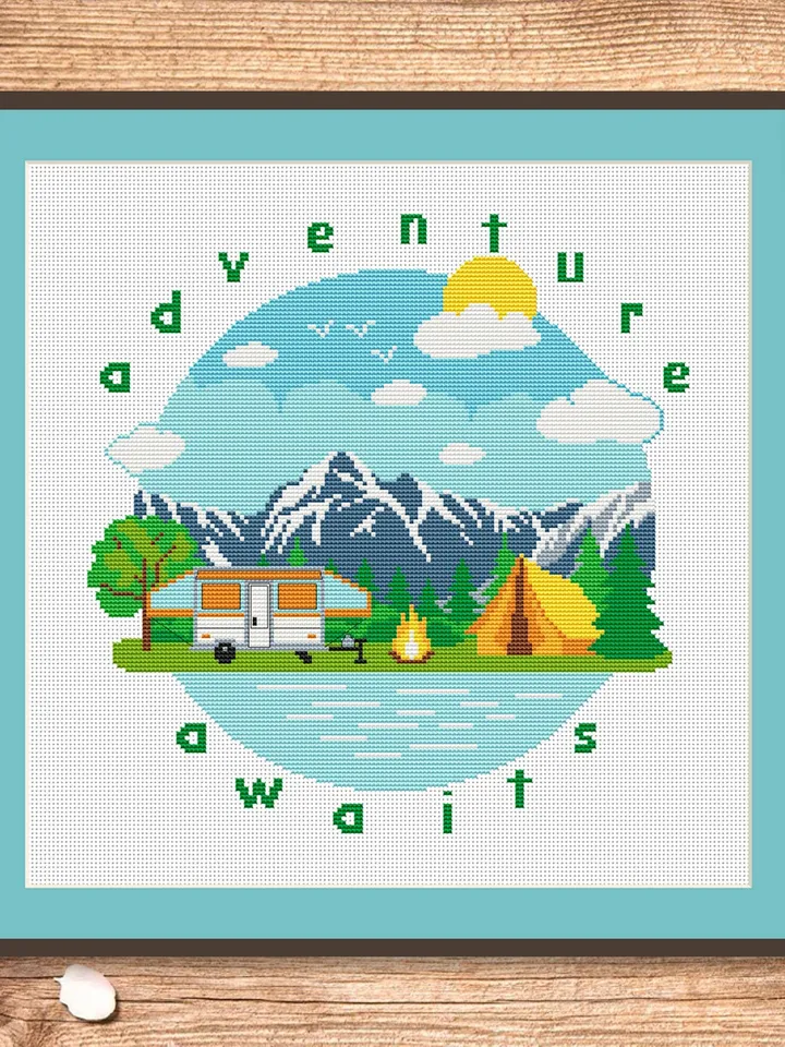 Adventure Awaits Cross Stitch Pattern, Camping Cross Stitch, Embroidery Adventure Awaits, Travel Pattern, Modern Cross Stitch #trl015