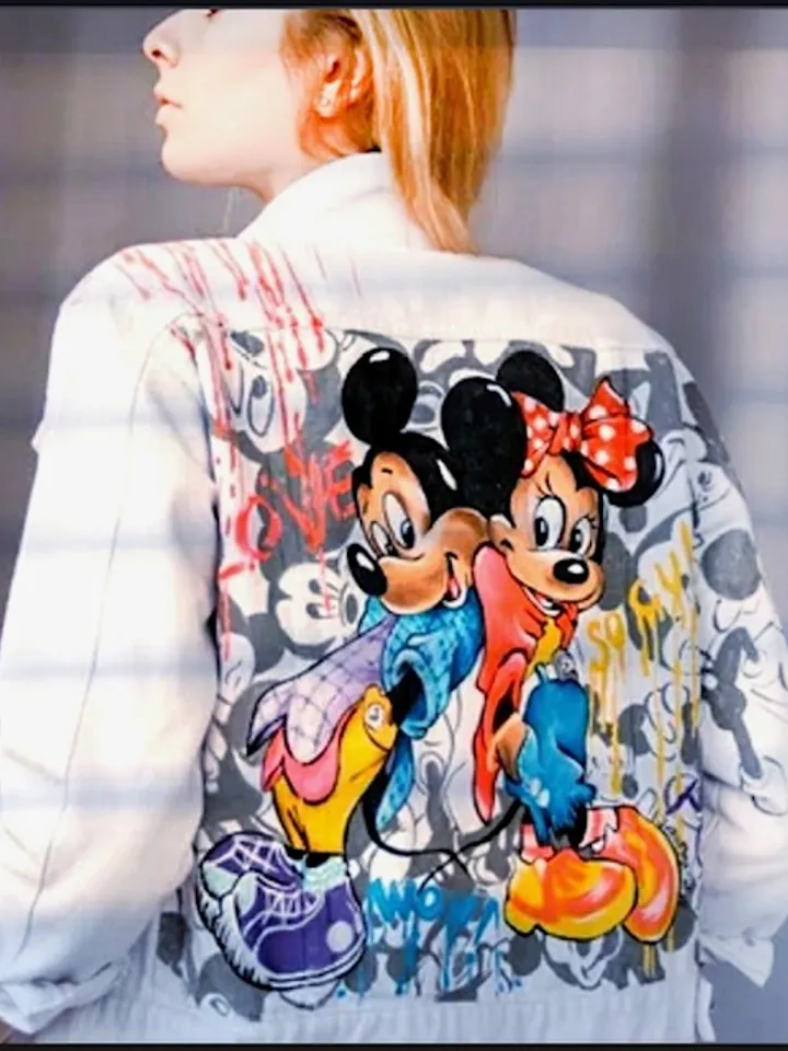 Painted Denim Jacket Handmade Custom denim jacket Personalized jean jackets Portraits from photos mickey mouse Disney