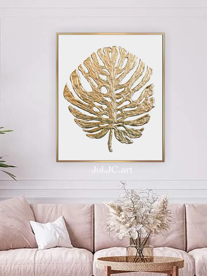 Golden Monstera Abstract Wall Art Floral Original Painting Textured artwork Gold Leaf Wall Art Modern wall decor