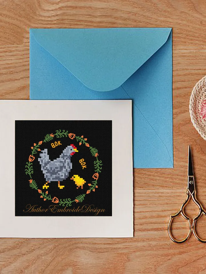 Floral Chicken cross stitch pattern PDF download Hen and Chick cross stitch chart, Small chicken pattern digital PDF, Chicken gift #K28