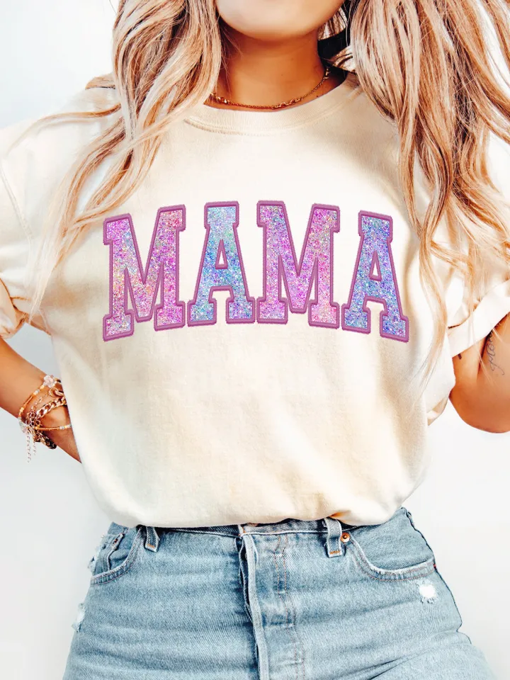 Mama Png Faux Glitter Sparkle Sublimation Design Digital Downloads for Mothers Day Varsity Letters Transfers Graphic Tshirt Top Sellers