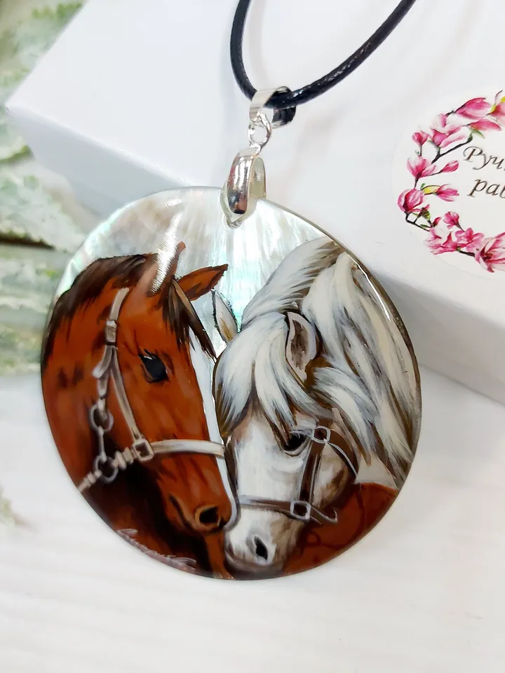 Pearl pendant necklace: Gentle pair of horses in love on handmade jewelry pendant • Dainty gift for nature lover • Elegant pendant for her