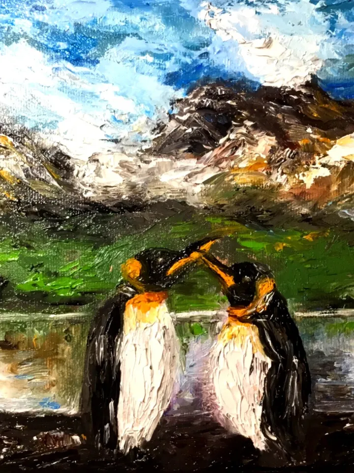 Landscape oil painting.Penguins northern landscape,original oil painting,stretched canvas.