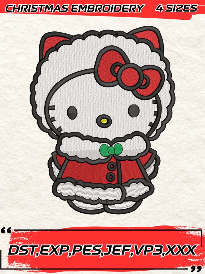 Christmas Hello Kitty Embroidery Design, Cute Kitty Machine Embroidery Digitized Pes Files,4 Sizes, Digital Download