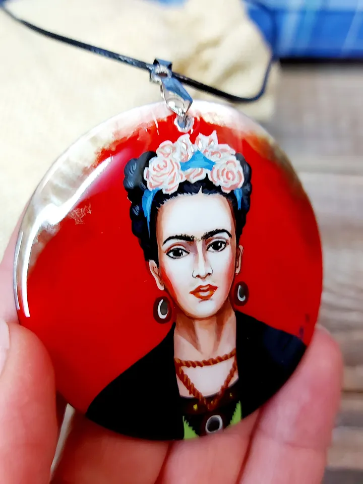 Russian jewelry: Red Self-portrait by Frida Kahlo on statement pendant. Fedoskino art painting on mother of pearl necklace. Gift for sister