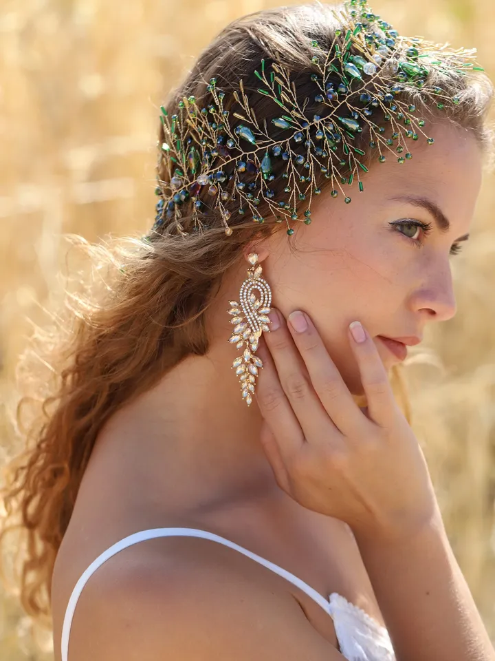 Champagne Gold Bridal Earrings statement Boho Earrings Boho Wedding Earrings Gold leaf earrings Long Brodal Earrings Boho Bridal Earrings