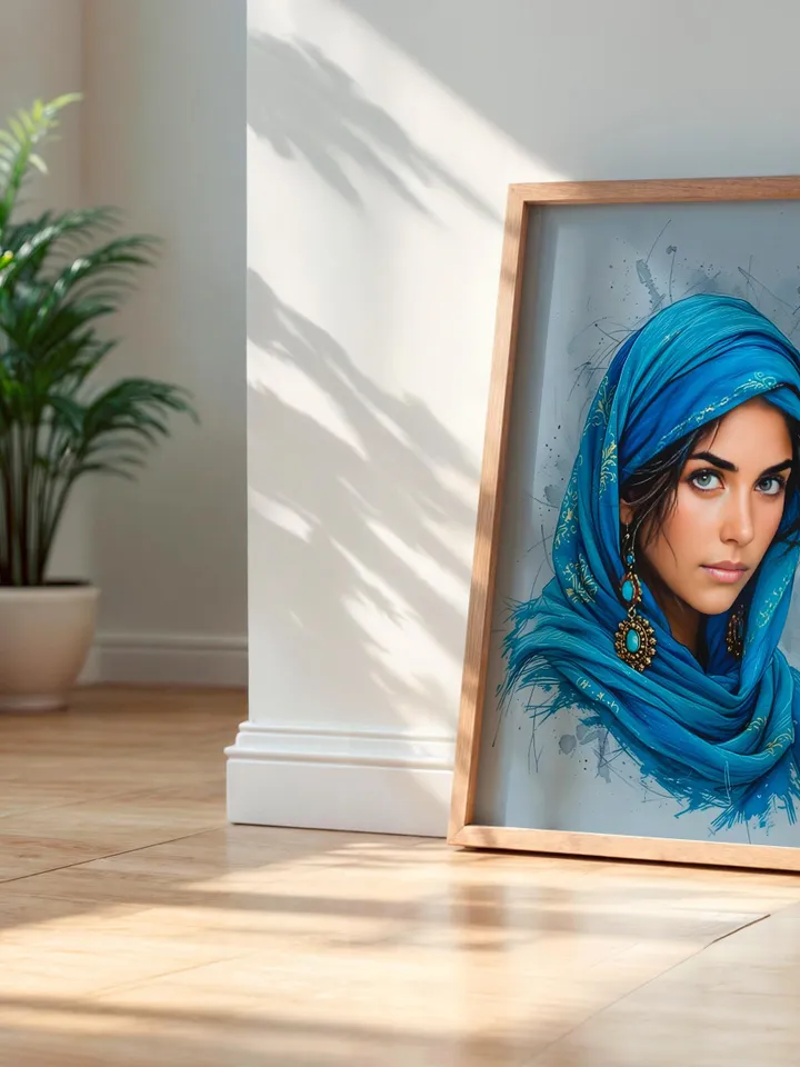 Afghan Woman Portrait Wall Art Modern Indigo Print Middle Eastern Heritage Poster Arab Woman Artwork Blue Gallery Digital Download