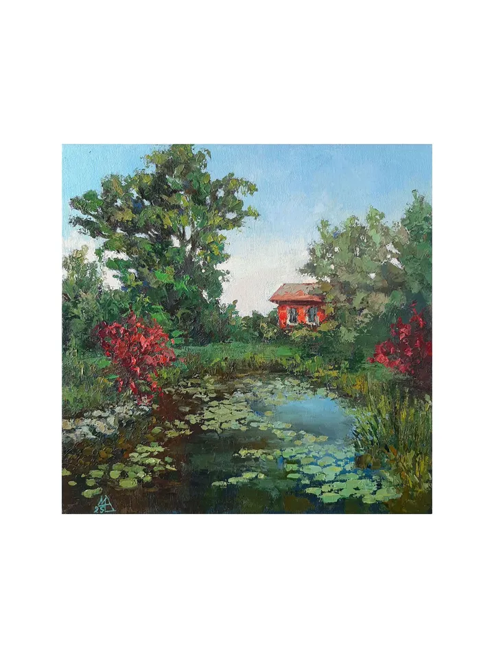 Garden Painting 11,8x11,8" Pond Landscape ORIGINAL ART Impressionist Fine Art Signed by artist Marina Chuchko