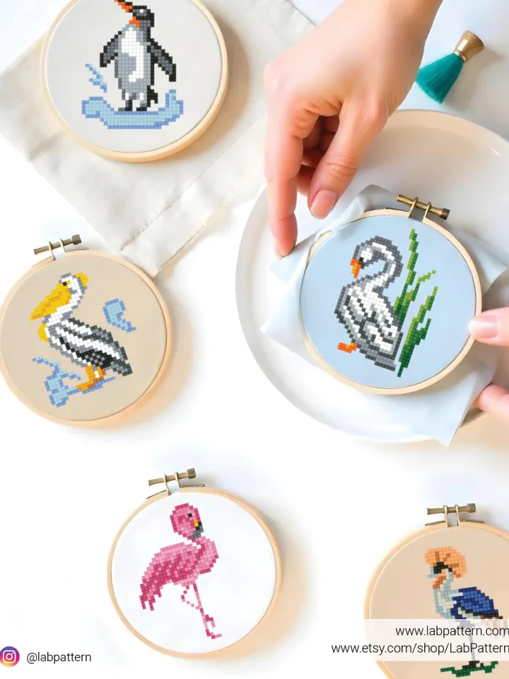 Bundle mini Birds 5 Cross stitch patterns, contemporary, Abstract, 3 inches, beginner, Tiny, modern chart, gift DIY, embroidery, instant PDF