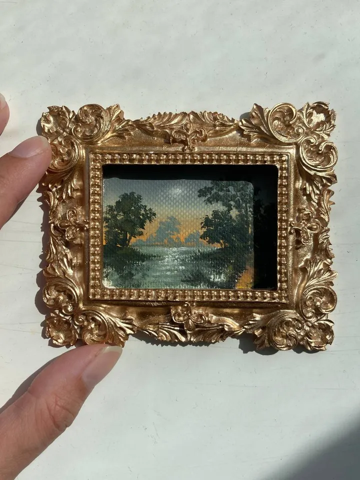 Small Landscape Oil Painting Framed Art Original Moon Painting Antique Gift Renaissance Art Gold Frame Tiny Paintings 3 x 4 Art
