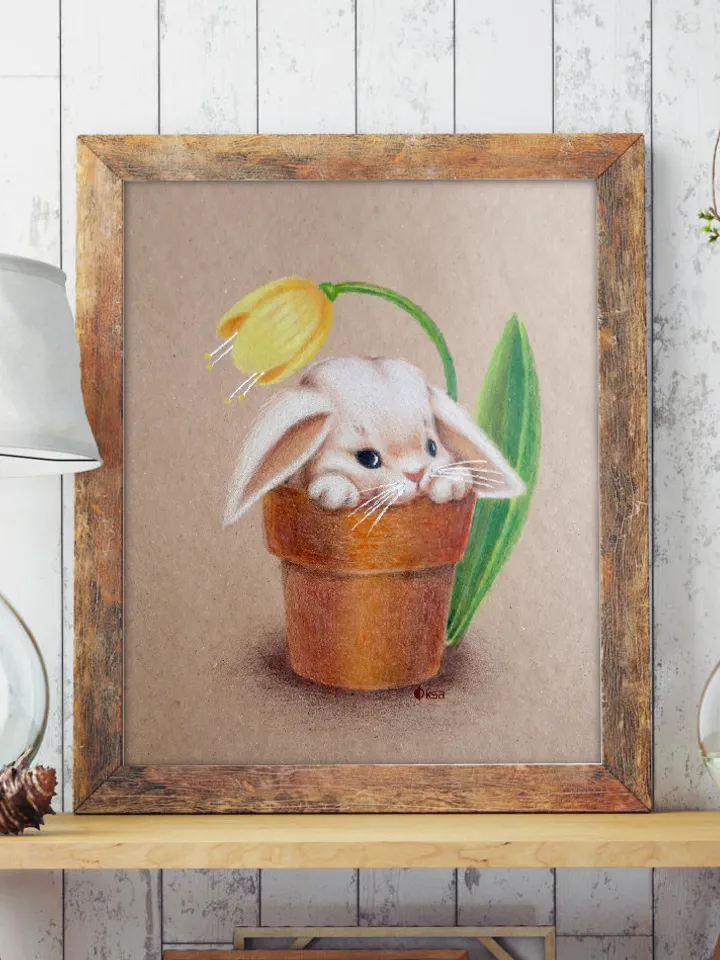 Children's Cute Bunny Painting/Colored Pencils Rabbit Picture/Animal Painting/Bunny Wall Decor Painting for Girls Room/Bunny & Yellow Tulip