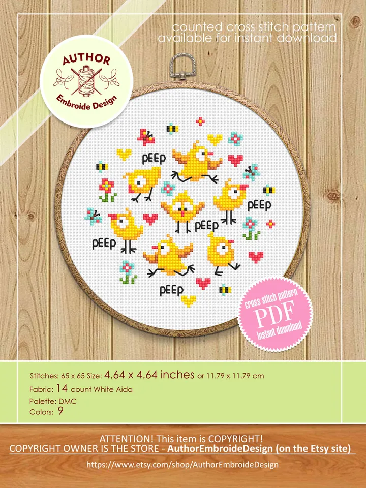 Cute chickens cross stitch pattern PDF download Small bird cross stitch chart, Chicken pattern digital PDF, Easter chicks sampler mini #K63