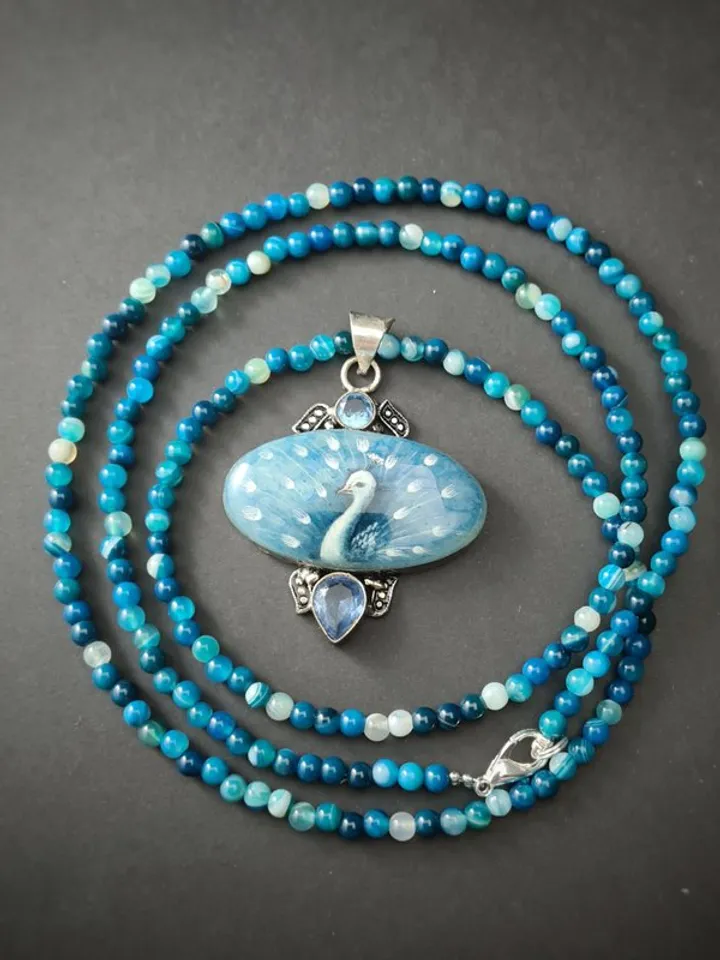 White peacock on blue necklace Miniature painting on Dendritic Agate Stone opal