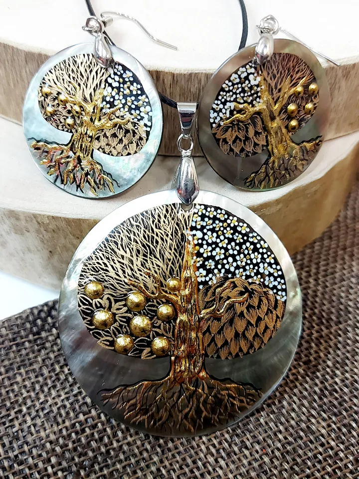 Seasons of Life: Artistic Tree of Life Pendant and Earrings Set - Hand-Painted by Skilled Artisans inspired by Gustav Klimt's Masterpieces