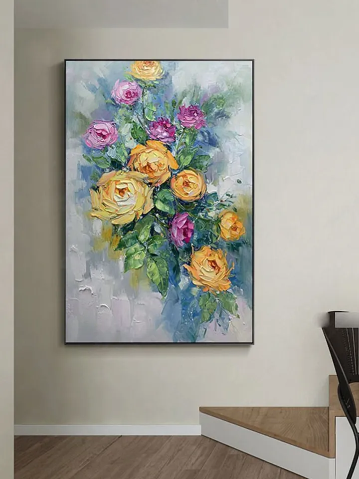Original Rose Oil Painting On Canvas, Abstract Yellow Peony Flower Painting, Large Wall Art, Living Room Wall Decor, Custom Acrylic Painting