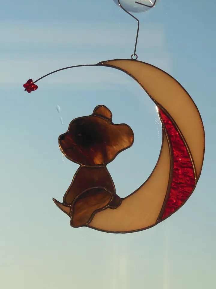 Bear on Moon with Butterfly . Swarovski Сrystal .  Stained glass window hanging Suncacher
