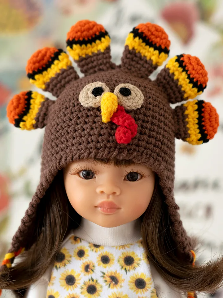 Crocheted Turkey hat for Paola Reina doll, Meadowdolls Dumplings, Little Darling, Siblies Ruby Red for Thanksgiving Day