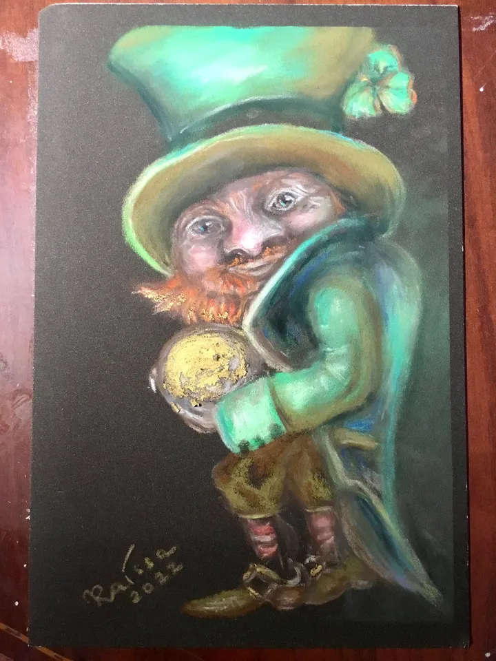 Funny leprechaun with a golden coin painting ,original soft pastel painting on specialized paper,,Irish leprechaun wall art,special gift.