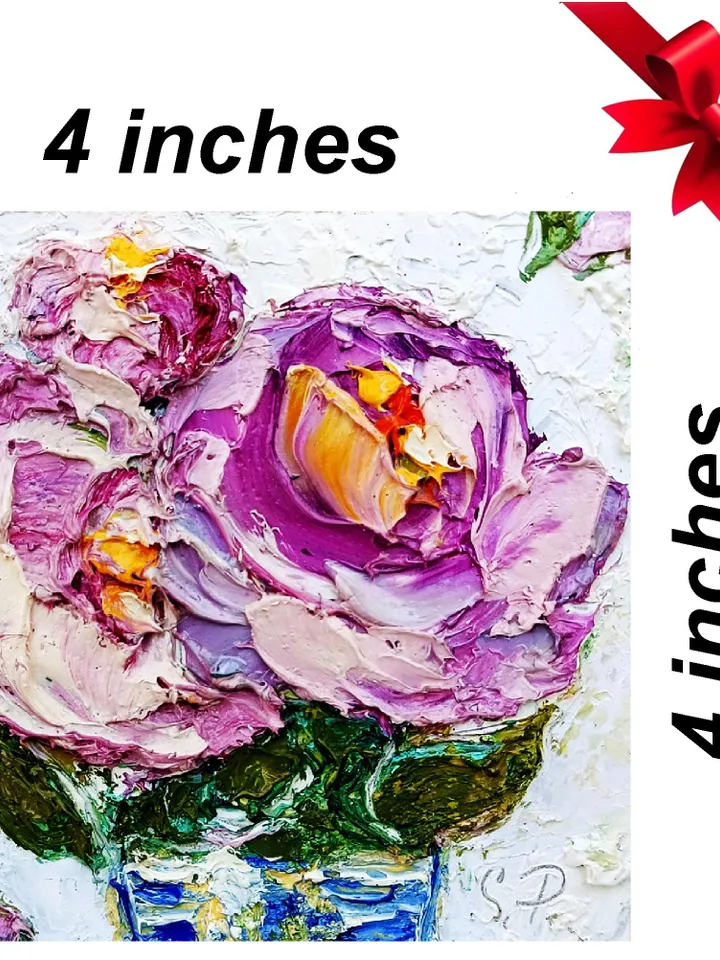 Peonies Painting Cornflower Original Art Impasto Oil Painting 4x4 Impasto Peonies Wall Art Floral Meadow Painting Field