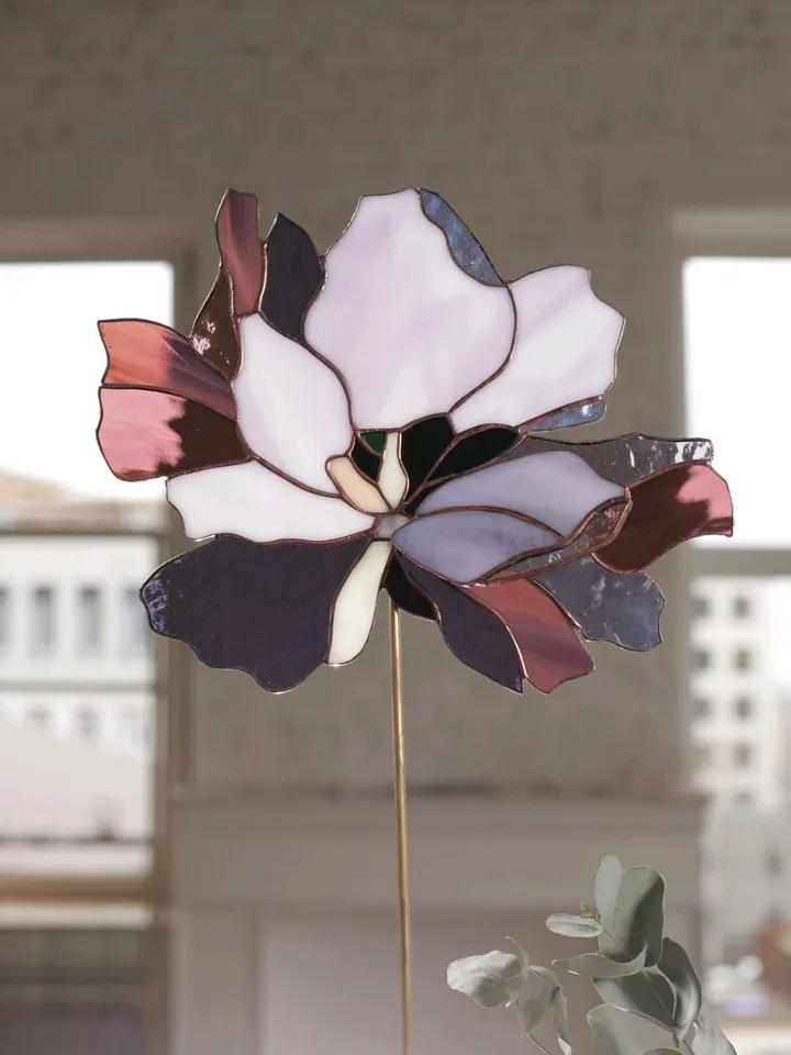 Peony. Stained Glass on a Stand, Peony Stained Glass Sculpture, Peony Tiffany Glass Panel on a Stand, Decorative Peony Glass Flower on a Brass Base, Peony Art Glass on Cast Stone Stand, Peony Stained Glass Decor Piece