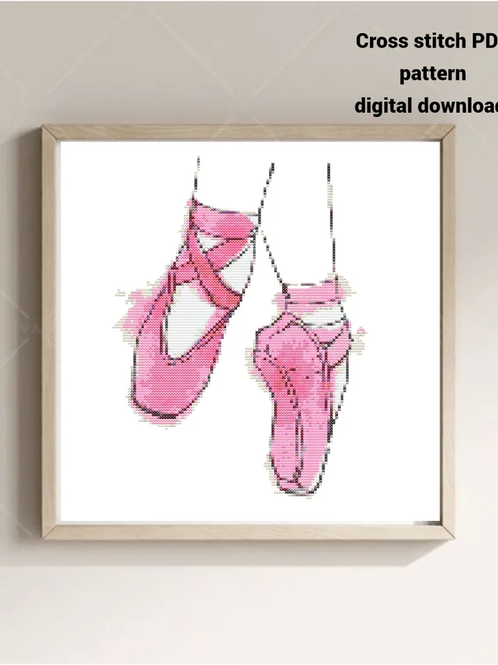 Pink pointe shoes cross stitch PDF pattern, Watercolor embroidery design, Instant download