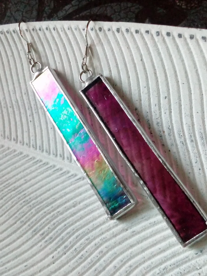 Iridescent stained glass earrings, cute rectangle earrings, dichroic earrings, duochrome earrings