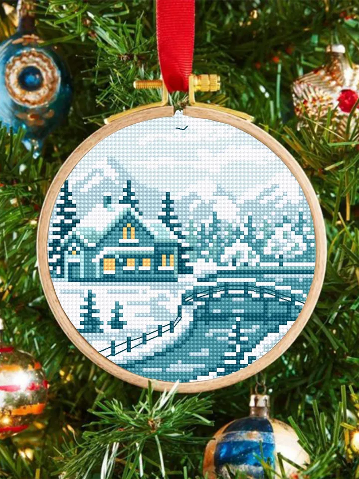 Winter landscape cross stitch pattern PDF download Nature cross stitch chart, Small snow pattern digital PDF beginner, House in forest #L92