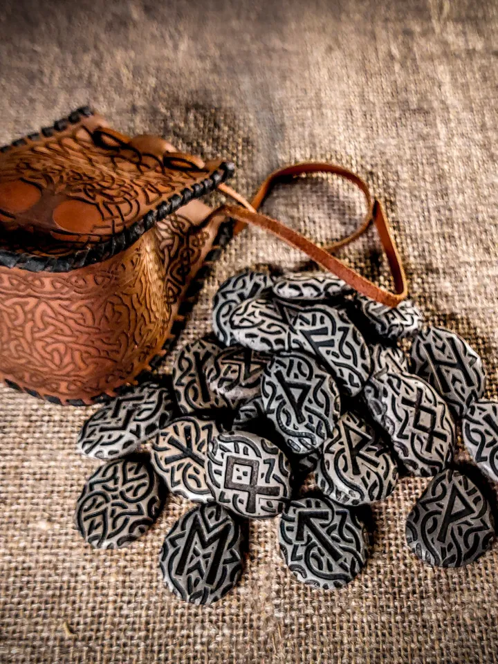 Celtic Scandinavian Stone Runes. Leather Bag. Elder Futhark. Viking Rituals. Yggdrasil. Norse World Tree. Tree of Life. Magic Symbol.