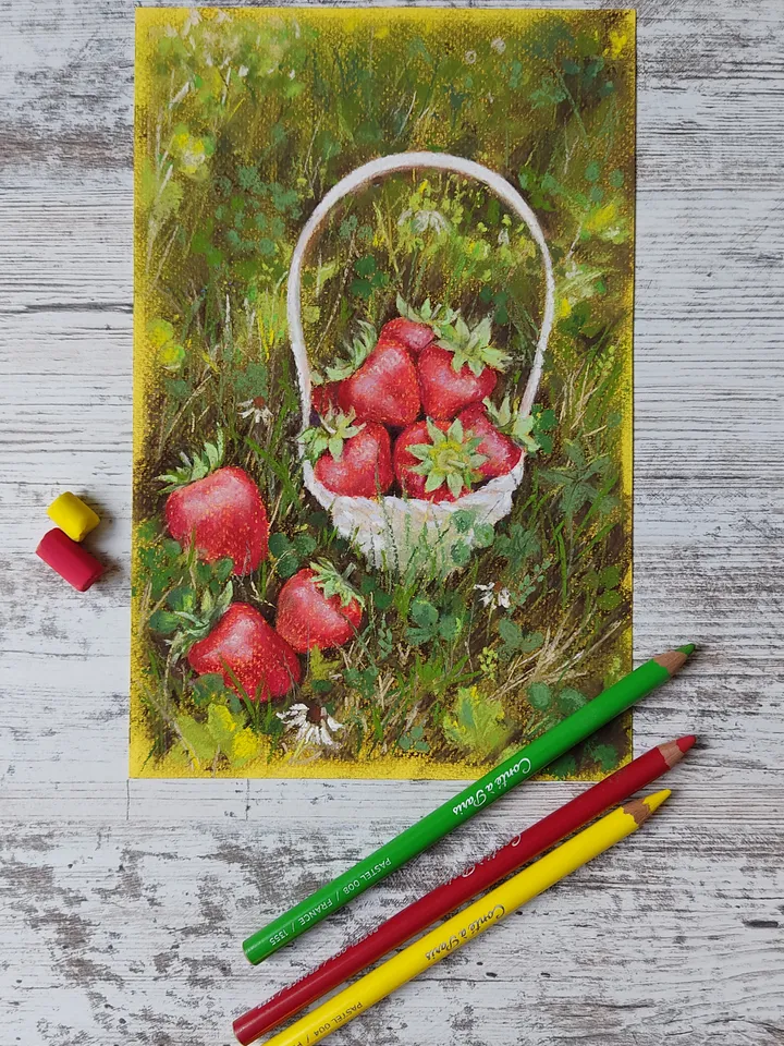 Strawberry Basket. Original soft pastel drawing.