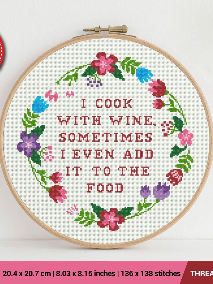 I cook with WINE Cross stitch pattern | Embroidery Pattern | Instant Download | Embroidery Designs