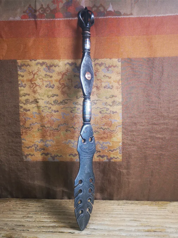 Gandhanra Handmade Tibetan Buddhist Ritual Implement - Dorje Phurba, Unique Manjusri Sword,Made of Cold Iron inlaid Copper, 12"