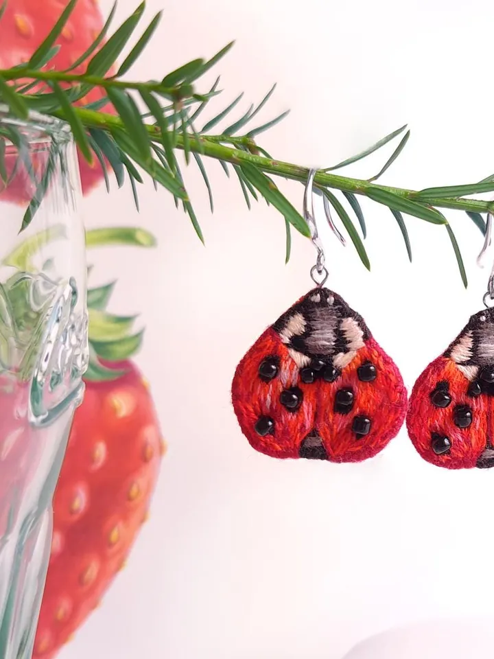 Ladybug Earrings Embroidery Handcrafted Funny Jewelry Artisan Earrings Quirky Accessory Party Boho Design Fiesta Folk Art Celebration Decor