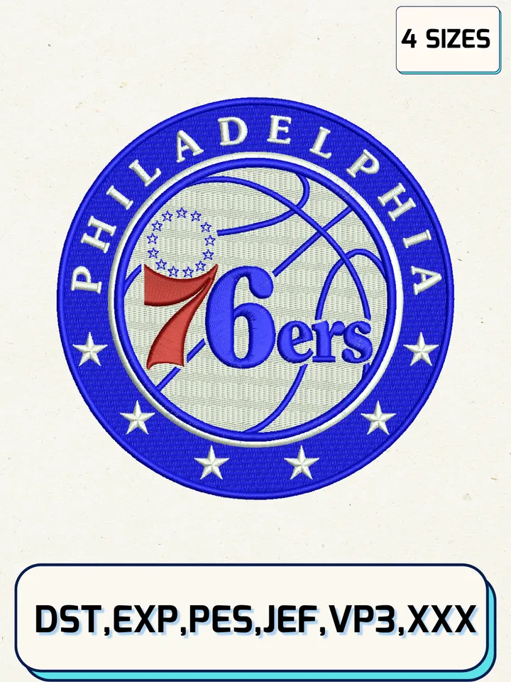 Philadelphia 76ers Embroidery Design Files,NBA Logos Embroidery Designs,Machine Embroidery Files,4 Sizes