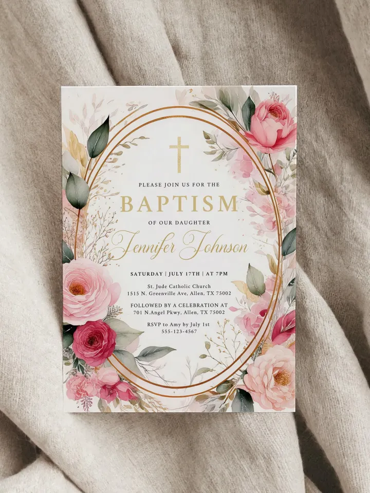 EDITABLE Floral Baptism Invitation, Printable Blush Pink & Gold Floral Template, Christening Digital Invite, Instant Download Canva template