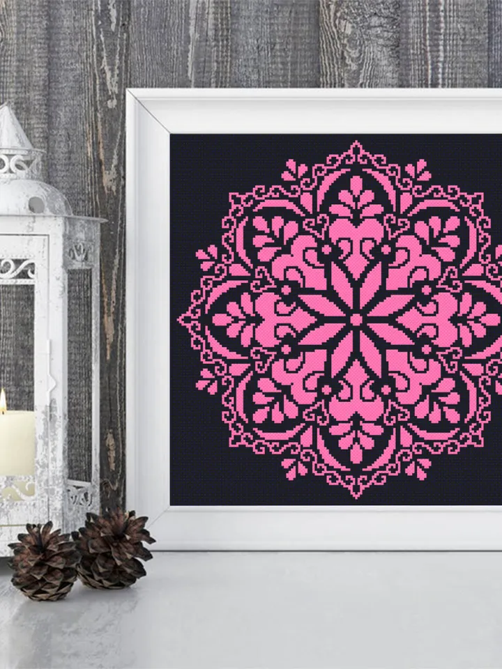 Mandala cross stitch pattern download PDF Monochrome cross stitch Flower mandala ornament cross stitch chart Easy mandala digital PDF #M114